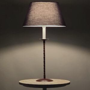 1991 Vintage Buffet Table Lamp With Spiral Stem & Dark Grey Canvas Shade • Retro Home Decor.