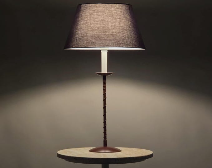 1991 Vintage Buffet Table Lamp With Spiral Stem & Dark Grey Canvas Shade • Retro Home Decor.