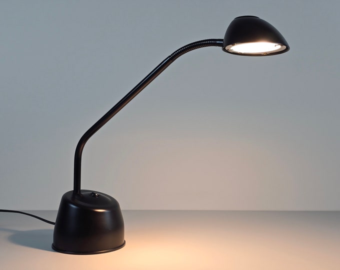 Vintage 1980s Postmodern Industrial Desk Lamp By Happylight Holland, Utilitarian Workshop Task Light, Black Lacquered.