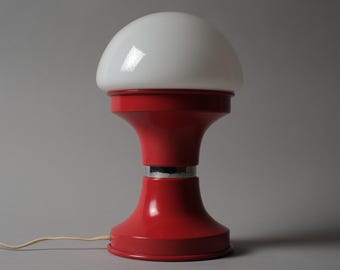 MBLL Barcelona Mushroom Table Lamp, Red Metal & Glass Shade, 1970s Space Age Design, Spain.