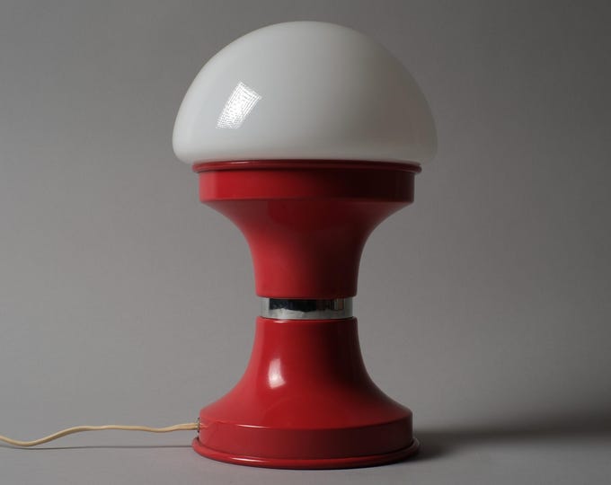 MBLL Barcelona Mushroom Table Lamp, Red Metal & Glass Shade, 1970s Space Age Design, Spain.