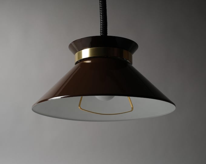 Belid Type T135 Brown Lacquered Cone Pendant Lamp, 1970s Scandinavian MCM, Sweden.