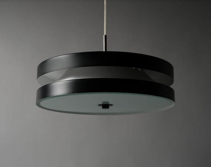 Markslojd Disc Pendant Lamp, Black & Brushed Aluminium, 1990s Scandinavian Modern Lighting, Sweden.