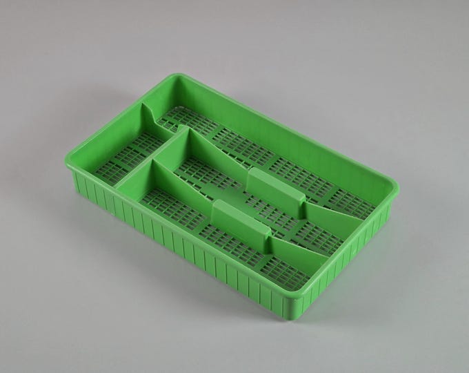 Vintage 1970s HEMA Green Perforated Plastic Drawer Organizer Insert, Cutlery Caddy • Retro Dutch Kitchen Accessories.