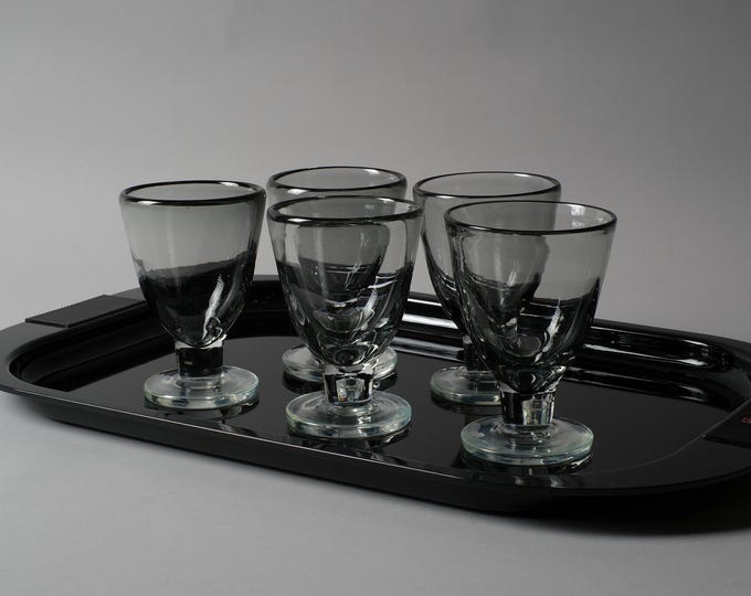 Vintage MCM Set of Five Handmade Scandinavian Wine Glasses, Smoked Grey Goblets, Sweden.