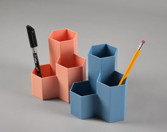 Pair Of Y2K Geometric Pen Holders In Soft-Coral & Slate-Blue Plastic • Retro Desk Accessories.