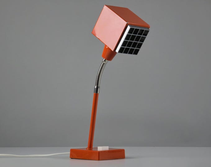 1970s Vintage ELIDUS 'Kuben' Type 2203 Table Lamp by Björn Svensson – Orange Scandinavian Modern Gooseneck Desk Lamp.