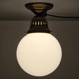 Art-Deco Revival 1980s Ceiling Light Fixture With Brass Base & Opaline Glass Ball Shade.