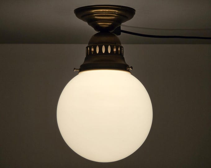 Art-Deco Revival • Vintage 1980s Ceiling Light Fixture With Brass Base & Opaline Glass Ball Shade • Neo-Vintage French Light Fixture.