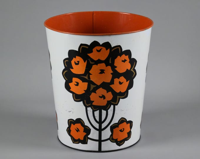 Vintage 1970s Space Age Design Metal Waste Bin With Retro Floral Design • Retro Mid Century Decor & Styling.