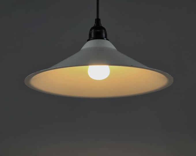 1980s Industrial Vintage White Aluminium Conical Pendant Lamp — Retro Dutch Workshop Hanging Light.