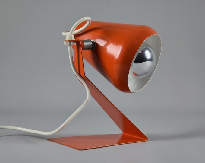 Vintage 1970s Orange Metal Table Lamp With Bent Steel Base.