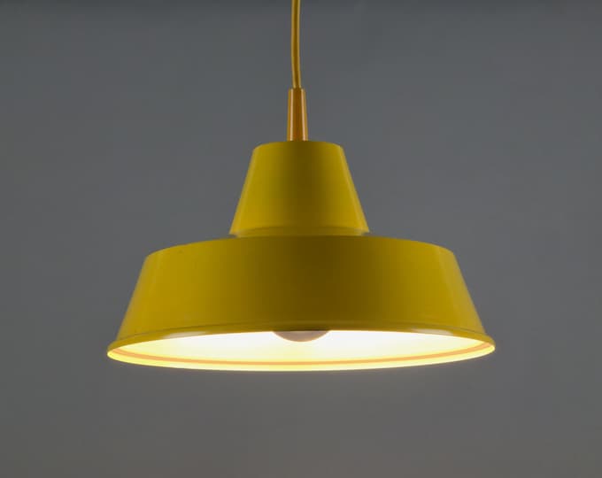 Vintage 1980s HEMA Yellow Lacquered Workshop Industrial Pendant Lamp - Retro Utilitarian Hanging Light.