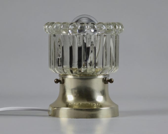 1970s Vintage LEDUNGS Table Lamp by Nils Ledung – Ribbed Pressed Glass Shade & Brass Base – Swedish Space-Age Mood Light.