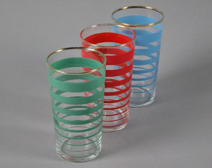 Vintage 1980s Set Of 3 Italian Striped Glass Tumblers.