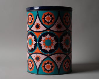Bote grande de hojalata Tomado Holland, estampado psicodélico, diseño holandés de mediados de siglo, década de 1960.