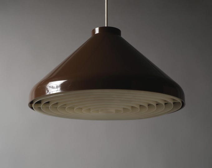 Vintage 1970s Swedish Cone Pendant Lamp, Brown Plastic with Raster Diffuser, Scandinavian Lighting.