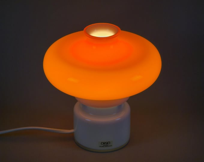 Vintage 1970s Orsjo Orange Glass Mushroom Table Lamp By Helmer Andersson.