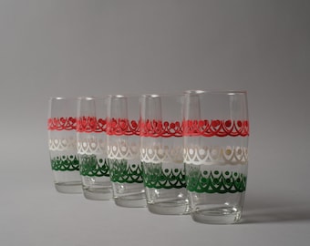 Vintage Italian Tumblers, Set of Five, Red White Green Pattern, 1970s Glassware.