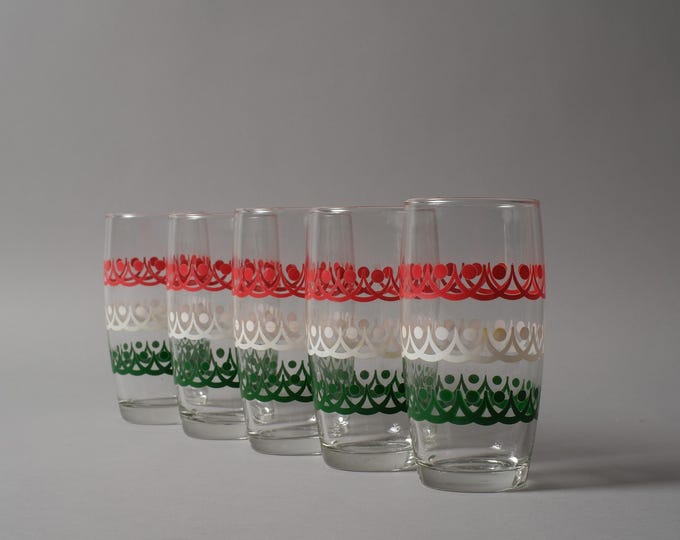 Vintage Italian Tumblers, Set of Five, Red White Green Pattern, 1970s Glassware.