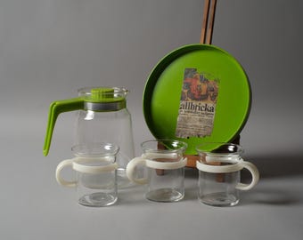 Jenaer Glas Carafe, Bodum Glass Mugs and Swedish Tray Bundle, Green, 1970s 1980s.