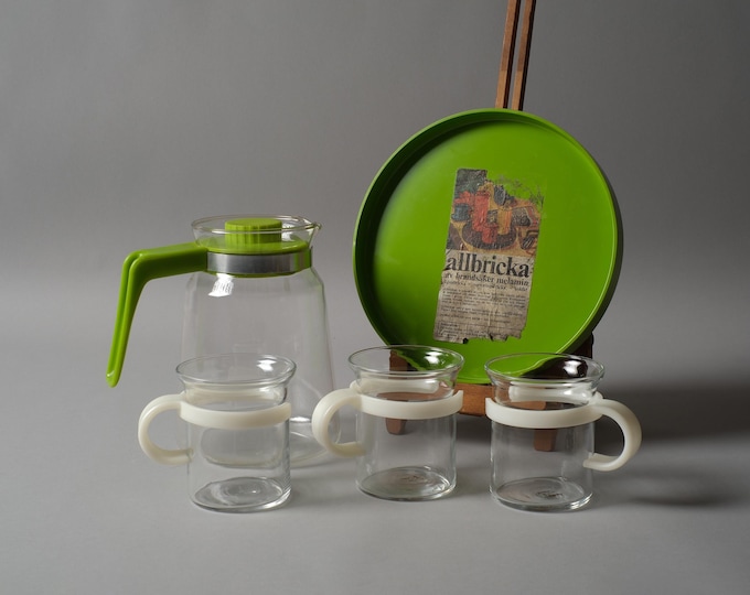 Jenaer Glas Carafe, Bodum Glass Mugs and Swedish Tray Bundle, Green, 1970s 1980s.