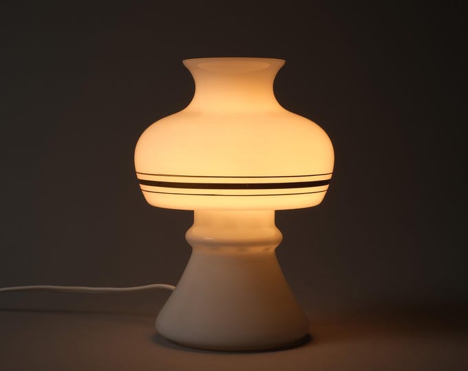 Flygsfors Orrefors White Opaline Glass Mushroom Lamp with Golden Bands, 1970s Swedish Design.