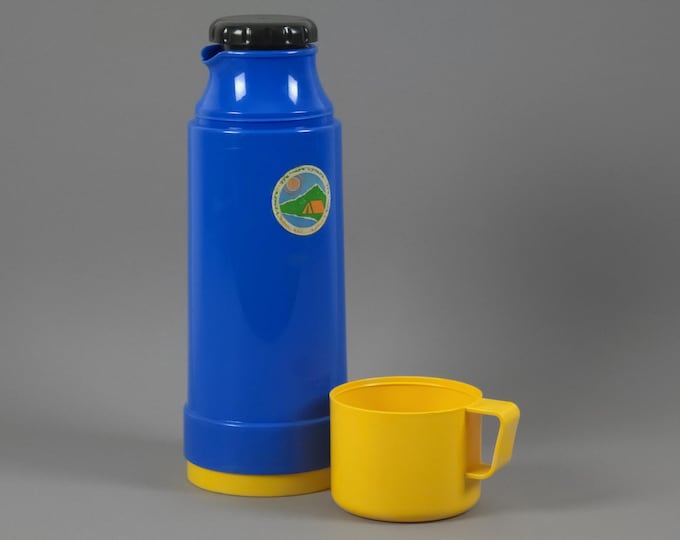 1970s Vintage Romer Vacuum Flask • Retro Blue & Yellow Thermos • Space Age Plastic Design.