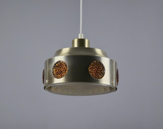 1960s Danish Mid Century Modern Brass Pendant Lamp With Louvered Diffuser.