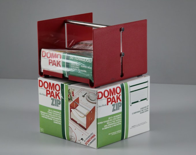 New In Box Vintage 1980s DOMO PAK Zip Red Plastic Napkins Holder • Retro Italian Home Accessories.