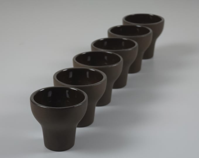 Vintage 1970s Set Of 6 Scandinavian MCM Stoneware Cups • Matte Brown Espresso Set.