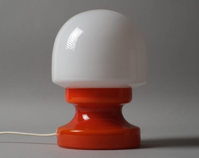 Lindshammar Glasbruk Mushroom Table Lamp, Orange and White Opaline Glass, Sweden, 1970s.