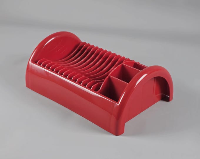 New In Box 1980s Vintage GUZZINI Compact Dish Red Plastic Dish Rack By Sergio Cavicchia - Vintage Home Accessories, Italy.