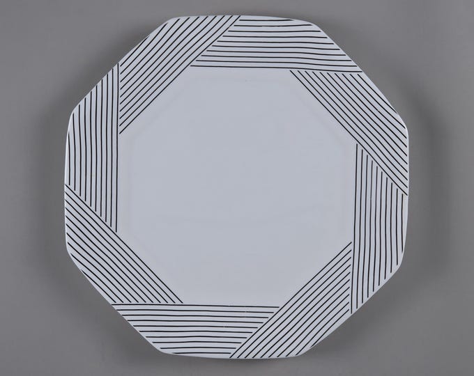 Vintage 1980s Set Of 6 Arcopal Octagonal Striped Opalware Plates.