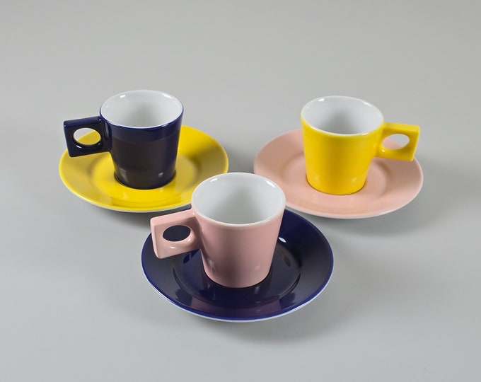 Contemporary Design - Set Of 3 Vintage WALKÜRE Ceramic Espresso Cups With Saucers - Retro Tableware & Decor - Germany, 1990s.