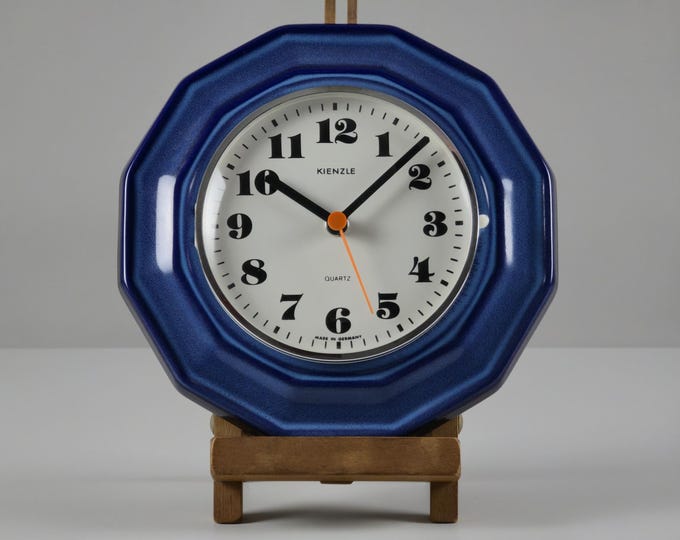1980s Vintage KIENZLE Blue Glazed Ceramic Wall Clock — West Germany Octagonal Wall Clock.