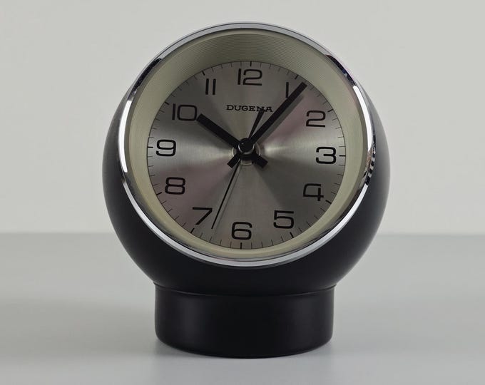 Space Age Design - Rare Vintage DUGENA Black Ball Table Clock, Eyeball Desk Clock - Vintage Home Decor - Germany, 1970s.