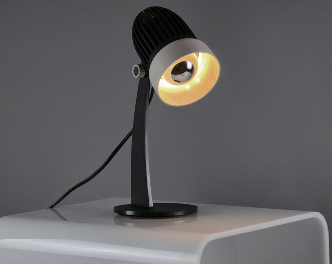 Rare 1980s Vintage Aro-Leuchte Brutalist Industrial Desk Lamp • German Task Light, Black Plastic Tilting Fin Shade.