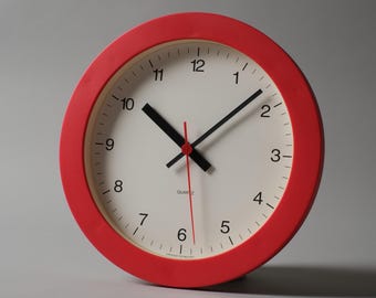 Junghans Germany Red Plastic Wall Clock, 1990s Postmodern Design.