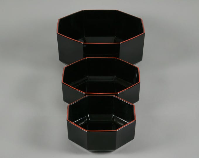 1980s Retro Set of 3 Arcoroc 'Octime' Black Octagonal Opalware Bowls, France.