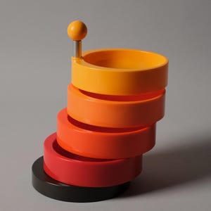 Può includere: Una pila di cinque anelli circolari in un gradiente di colori, che inizia con una base nera, seguita da rosso, rosso-arancio, arancione e un anello superiore giallo. Un'asta argentata con una sfera gialla sporge dall'anello superiore.