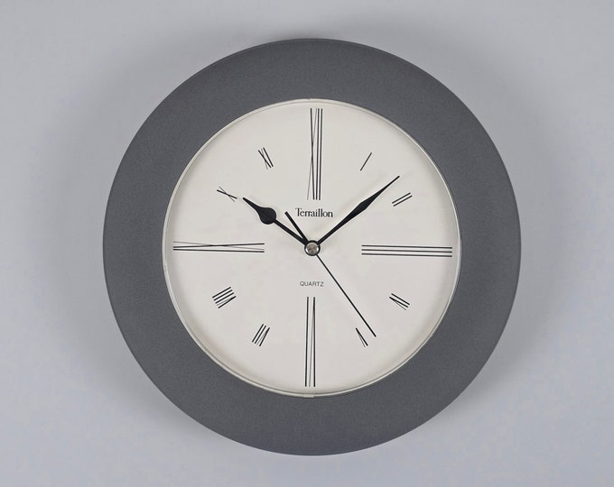 Contemporary Design - Vintage TERRAILLON Grey Plastic Wall Clock - Vintage Home Decor - France, 1990s.