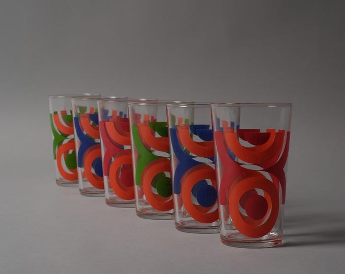VMC Reims Vintage French Glass Tumblers, Set Of Six, Space Age Design, 1970s.