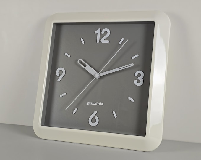 Vintage 1980s GUZZINI White & Grey Plastic Wall Clock • Retro Italian Home Accents And Decor.