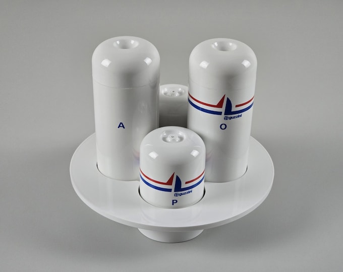 New In Box 1970s Vintage GUZZINI Pomona White Plastic Cruet Set By Ambrogio Pozzi — Italian Space-Age Kitchenware.