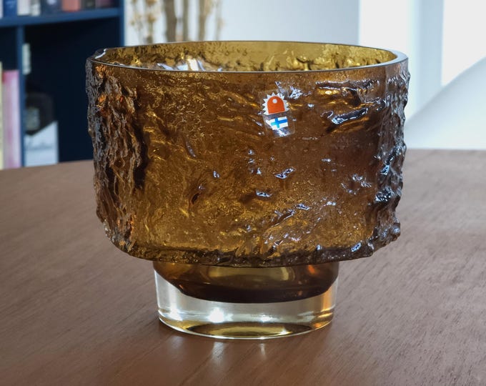 Vintage 1970s Humppila 'Kallio' Amber Ice Glass Bowl By Kaj Blomqvist • Finnish Brutalist Sculpture.