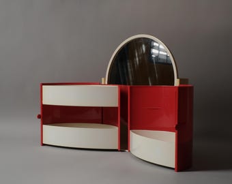 Plastimat Space Age Foldable Vanity Makeup Cabinet With Mirror, Czechoslovakia 1970s, Flame-red.