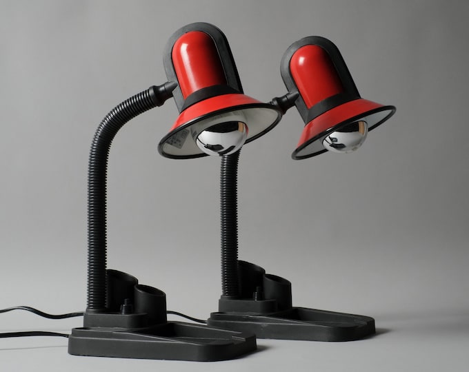 Pair of vintage 1980s Fase Spain gooseneck desk lamps with built-in stationary caddies.