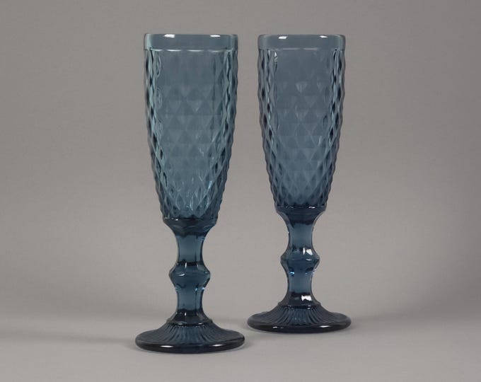 1970s Vintage Pair of Vintage French Cobalt Blue Champagne Flutes • Diamond Point MCM Barware.