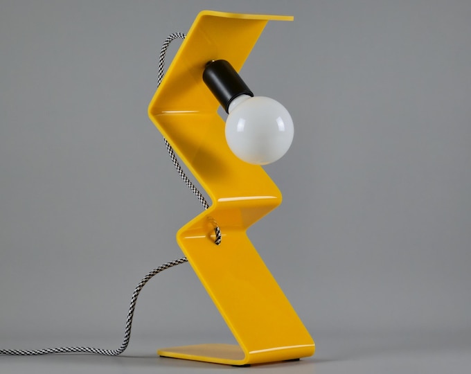 Modern Handmade Yellow Acrylic Zig-Zag Table Lamp •  Pop Art Light.